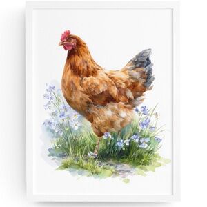 Watercolor Brown Hen with Wildflowers Portrait Wall Art Print Poster Unframed
